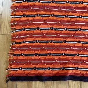 Orange Black Knit Crochet Blanket Throw Southwest Inspired Maximalist 58x68
